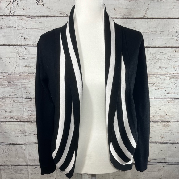 Pointelle Sweaters - POINTELLE Open Front Cardigan Black/White-Medium